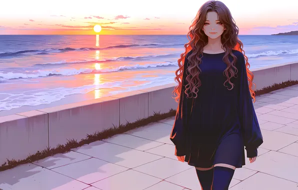 Картинка girl, walk, ai art, embankment