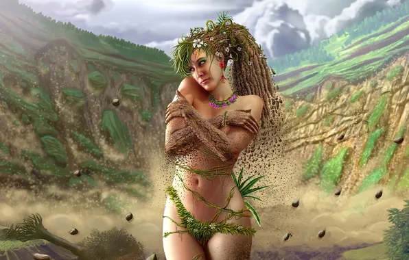 Картинка девушка, земля, растения, арт, бедра