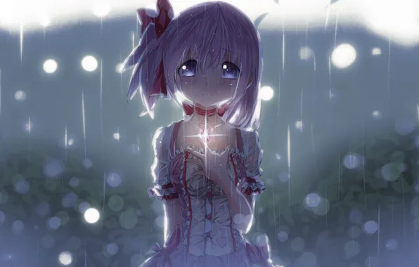 Картинка девушка, сияние, дождь, аниме, слезы, арт, лента, кулон