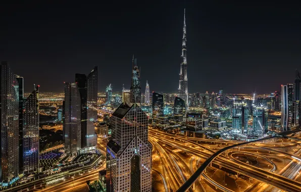 Ночь, огни, дома, панорама, Дубай, ОАЭ, Бурдж-Халифа