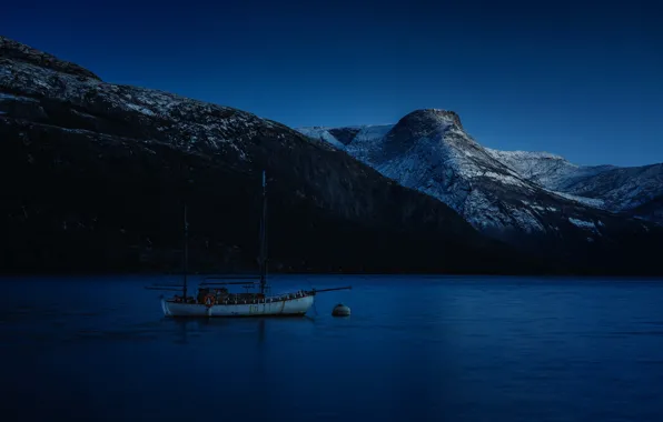Sea, ocean, night, mountains, boat, bay