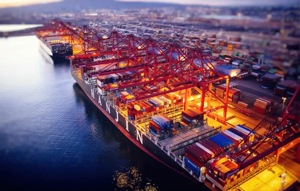 Вечер, Порт, Судно, Контейнеровоз, Краны, Vessel, Hanjin, Container Ship