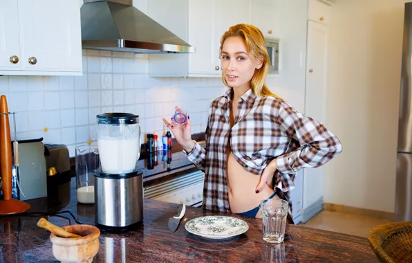 Model, gorgeous, photoshoot, posing, kitchen, beautiful face, blonde girl, milkshake