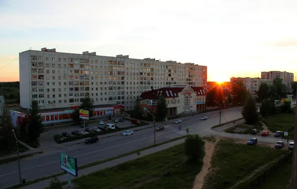 Дорога, закат, дом, Улица