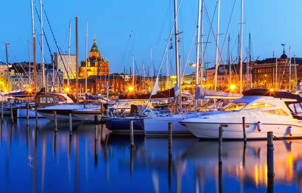 Картинка яхты, порт, ночной город, гавань, Финляндия, Finland, Хельсинки, Helsinki