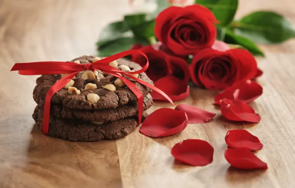 Картинка букет, лепестки, печенье, red, romantic, Valentine's Day, gift, roses
