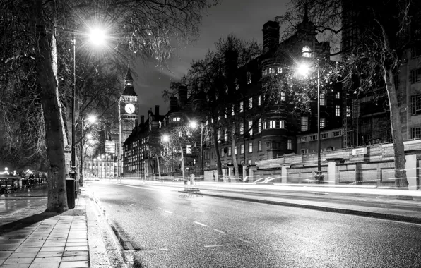 Картинка дорога, свет, деревья, ночь, город, Англия, Лондон, здания