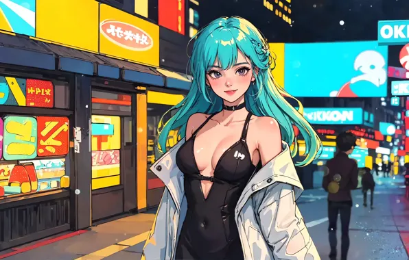 Картинка city, long hair, city lights, digital art, big boobs, artwork, smiling, jacket