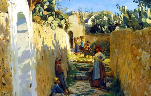 Дома, Деревья, Люди, Картина, Peder Mork Monsted, Анакапри, Петер Мёрк Мёнстед, Peder Mørk Mønsted