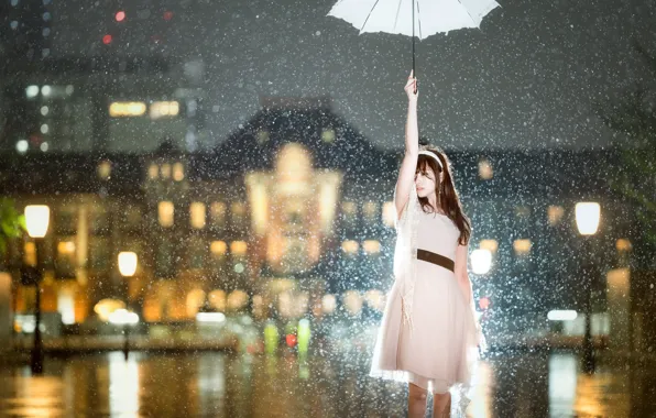 Картинка девушка, снег, город, зонтик, настроение, ситуация, платье, азиатка
