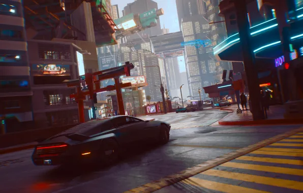 Дорога, машина, город, огни, окна, реклама, киберпанк, cyberpunk 2077