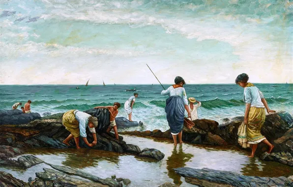 Вода, Люди, Картина, Побережье, Peder Mork Monsted, Датский живописец, Педер Морк Монстед, На морском пляже