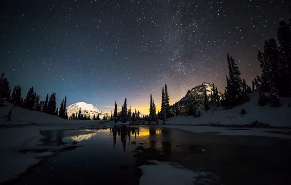 Картинка зима, звезды, снег, горы, млечный путь, Rainier National Park