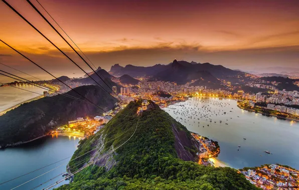 Картинка море, пейзаж, вид, гора, зарево, Бразилия, Рио-де-Жанейро, канатная дорога