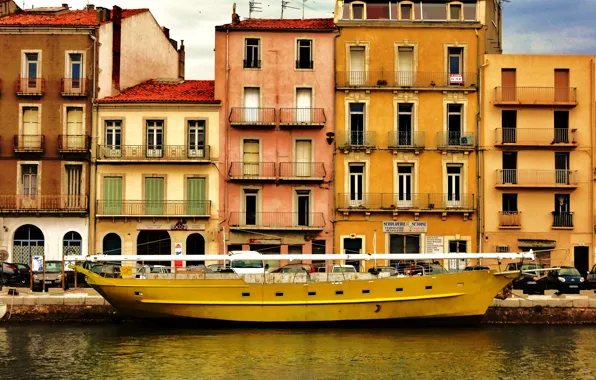 Франция, здания, Море, Желтый, Лодка, France, морской, урбанизм