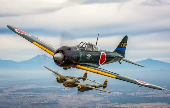 Картинка полет, истребитель, Lightning, японский, палубный истребитель, P-38, лёгкий, A6M3 Zero