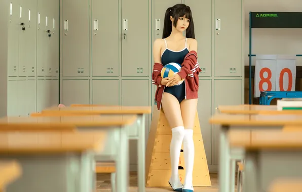 Картинка Asian, twintails, model, women, cosplay, swimwear, classroom, women indoors