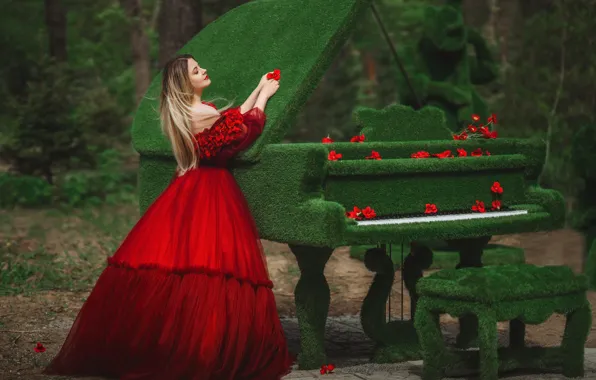 Взгляд, девушка, цветы, поза, мох, рояль, красное платье, Диана Липкина