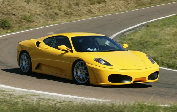 Картинка дорога, желтый, поворот, Феррари, F430, Ferrari, суперкар, передок