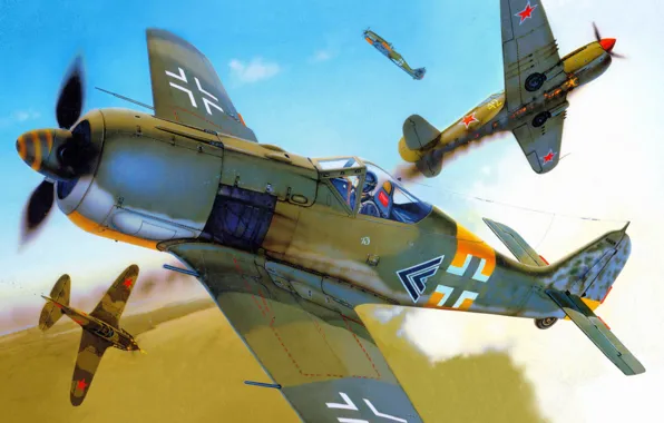 Война, рисунок, воздушный бой, Focke-Wulf, истребитель-штурмовик, Fw 190 A-5