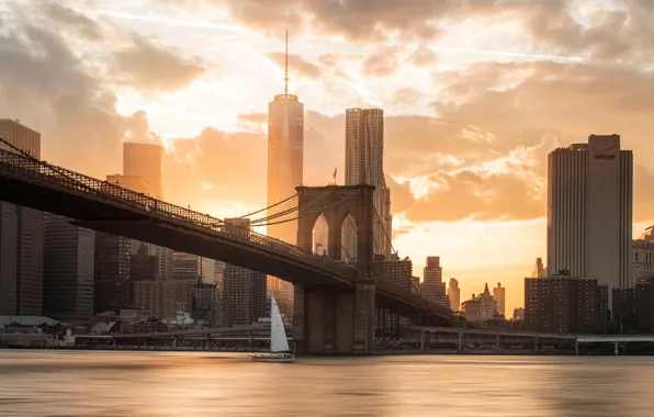 Картинка закат, мост, город, река, Бруклин, США