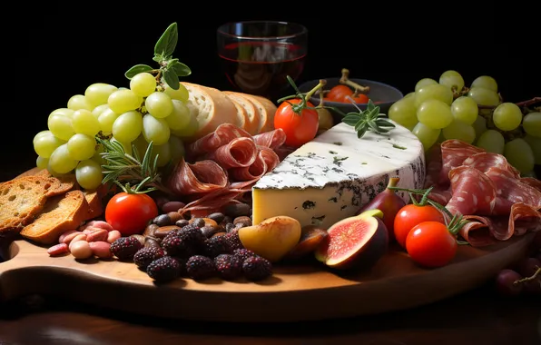 Сыр, виноград, мясо, фрукты, натюрморт, ветчина, ИИ-арт, нейросеть
