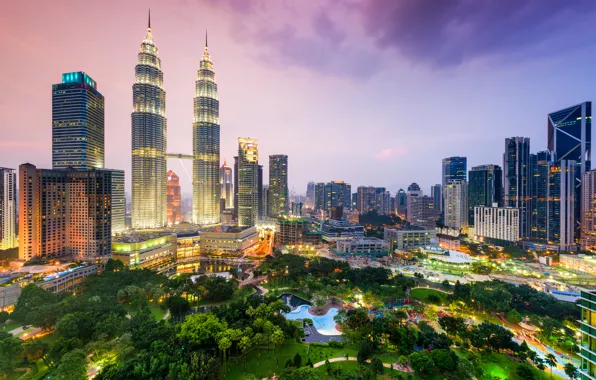 Ночь, небоскрёбы, мегаполис, Малайзия, Куала-Лумпур