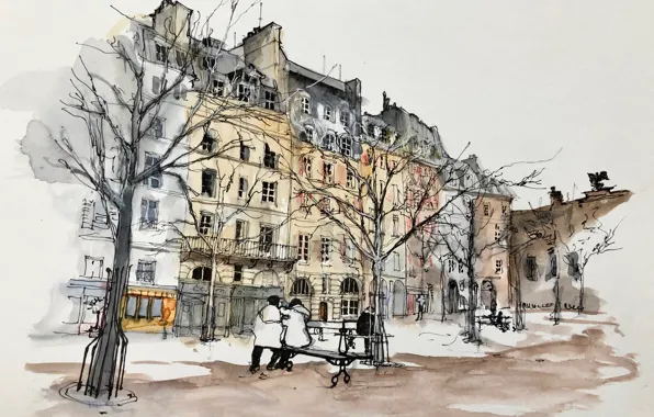 Рисунок, Париж, акварель, сквер, городской пейзаж