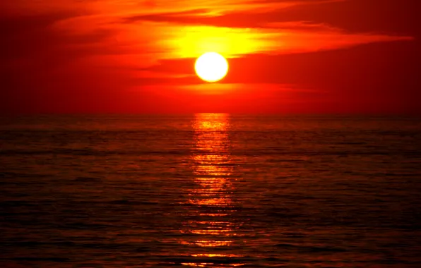 Картинка море, вода, солнце, закат, белое, оранжевое, облачность, жёлтое