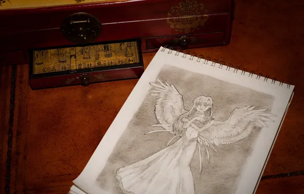 Рисунок, крылья, ангел, 156, блокнот, шкатулка