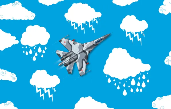 Облака, Минимализм, Самолет, Истребитель, Россия, Арт, Вид сверху, Су-27