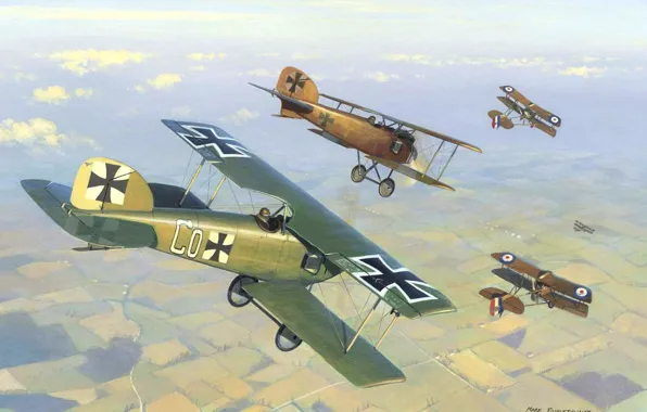 Картинка небо, рисунок, арт, фронт, самолёты, английские, воздушный бой, немецкие