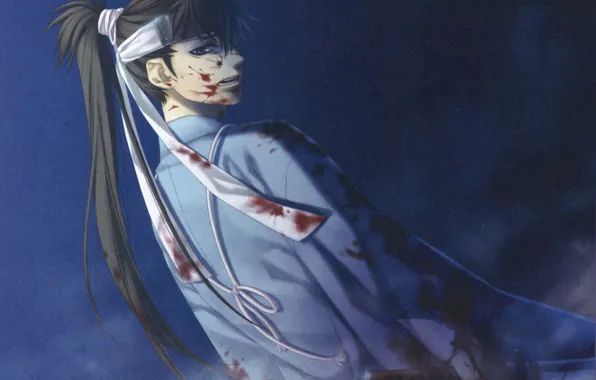 Кровь, самурай, повязка, сражение, плащ, art, демоны бледной сакуры, hakuouki shinsengumi kitan