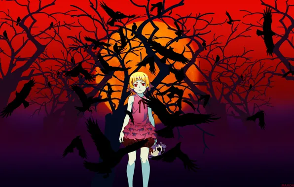Ночь, череп, вороны, красные глаза, малышка, кровавая луна, Bakemonogatari, Shinobu Oshino
