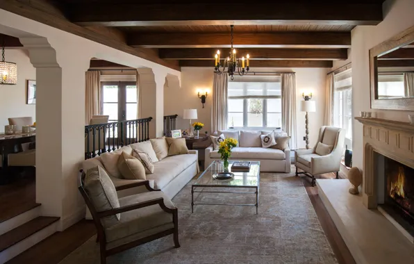 Стиль, гостиная, камин, интерьер, Beautiful Mediterranean Living Room