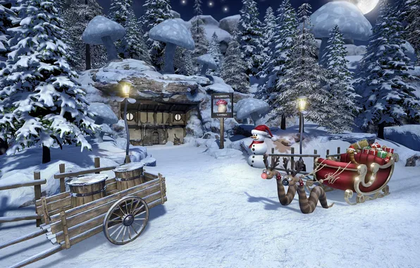 Лес, снеговик, сани, телега, Christmas in Mushroom Land