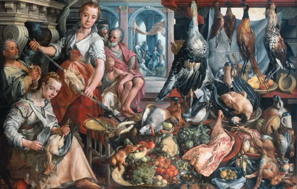 Картинка масло, картина, Иоахим Бейкелар, 1566, Joachim Beuckelaer, Богатая кухня. На заднем фоне Иисус с Марфой …