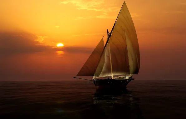 Море, небо, солнце, закат, яхта, горизонт, парус
