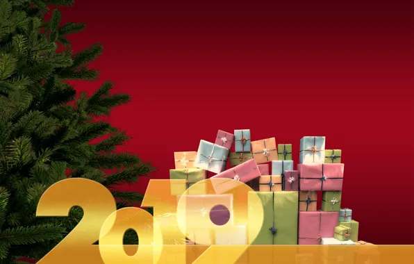 Картинка красный, елка, новый год, подарки, хвоя, 2019