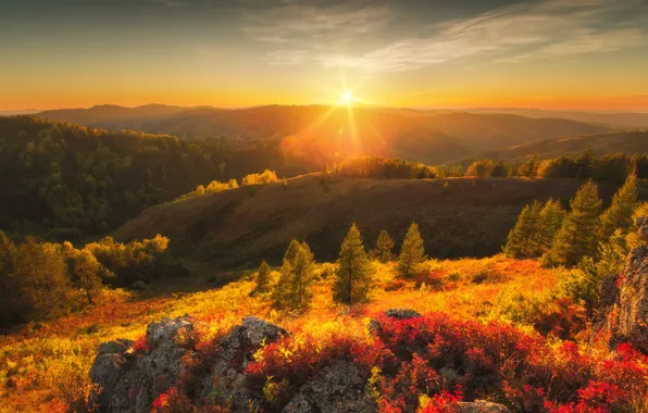 Картинка осень, солнце, лучи, деревья, пейзаж, горы, природа, камни