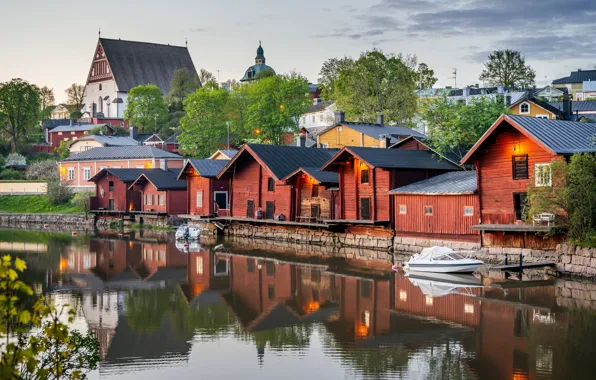 Дома, Отражение, Река, Финляндия, Finland, Old Town, Старый город, Porvoo