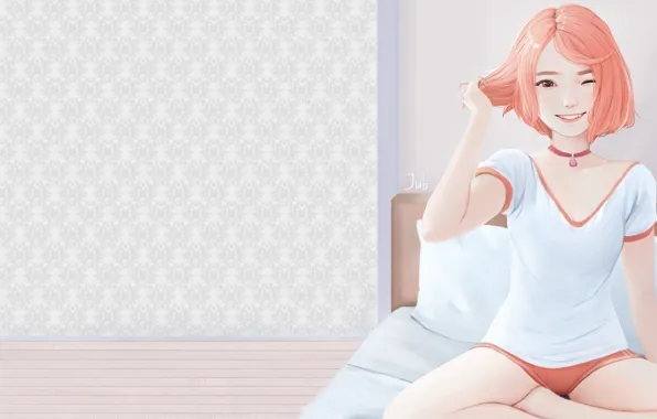 Девушка, улыбка, комната, настроение, аниме, арт, Regiana (Jubi), Laras in Bloomer