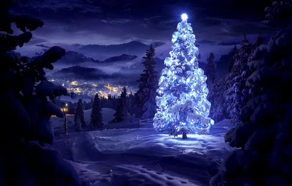 Картинка зима, снег, деревья, пейзаж, горы, ночь, природа, огни