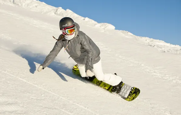 Картинка зима, девушка, снег, горы, сноубординг, спуск, snowboard, сноубордист