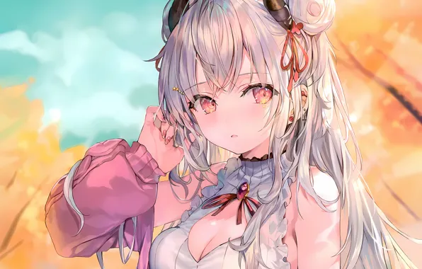 Girl, sexy, cleavage, blouse, horns, long hair, boobs, anime