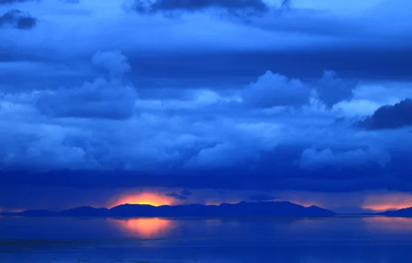 Картинка закат, горы, озеро, зарево, Юта, США, Antelope Island State Park