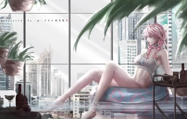 Девушка, город, бассейн, Arknights, Blue Poison