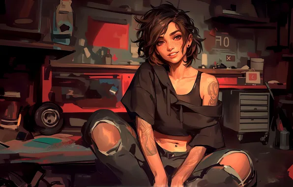 Girl, brown eyes, tattoo, garage, brunette, digital art, artwork, table