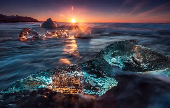 Картинка солнце, свет, лёд, Исландия, ледниковая лагуна Йёкюльсаурлоун