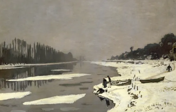 Пейзаж, картина, Клод Моне, Льдины на Сене в Буживале
